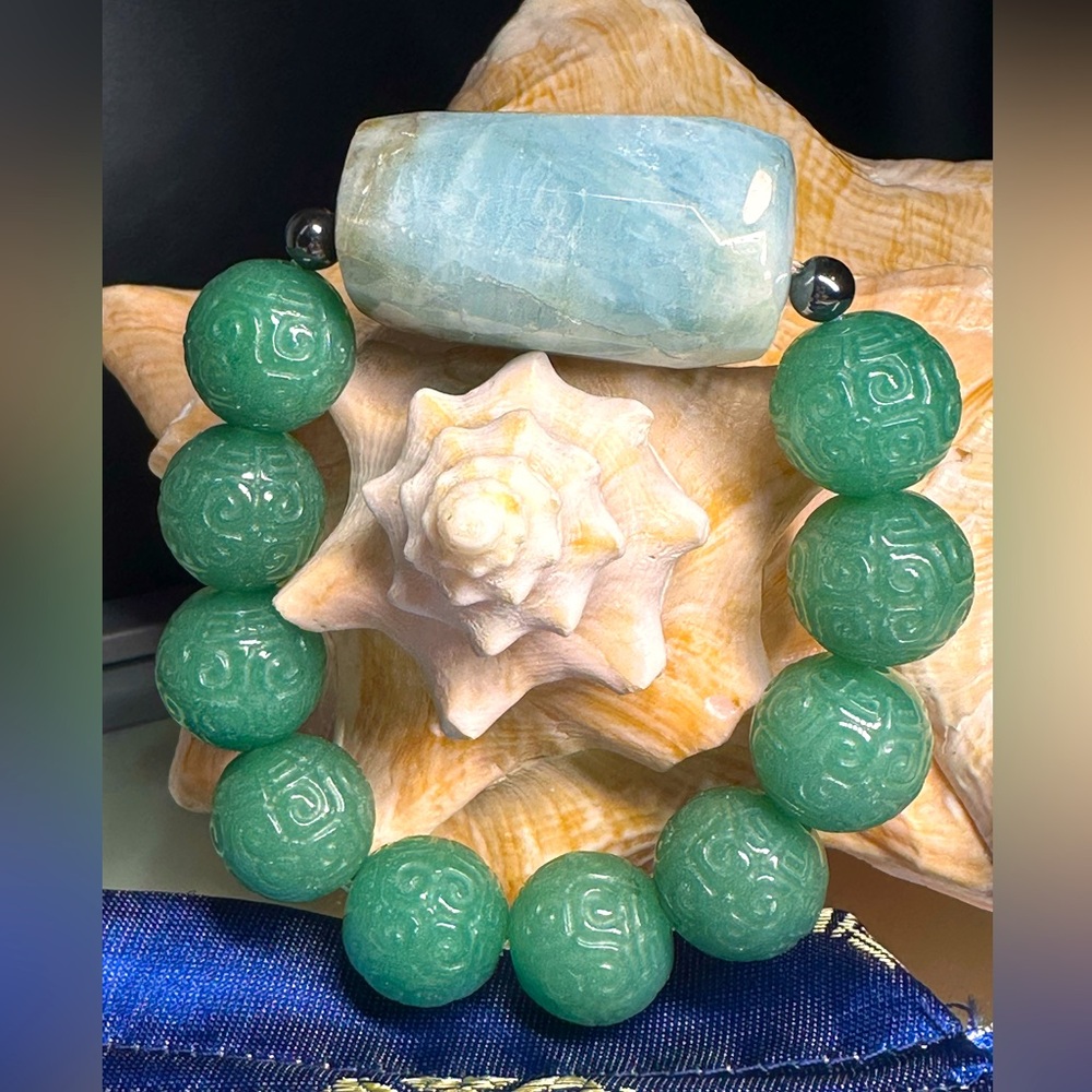 MASSIVE AQUAMARINE + JADE  AVENTURINE  NATURAL STONES BRACELET size 7”
